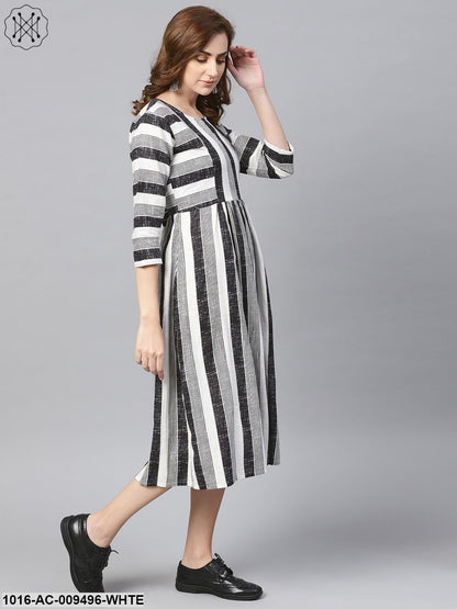 Black & Wihte Stripped Dress With Round Neck & 3/4 Sleeves