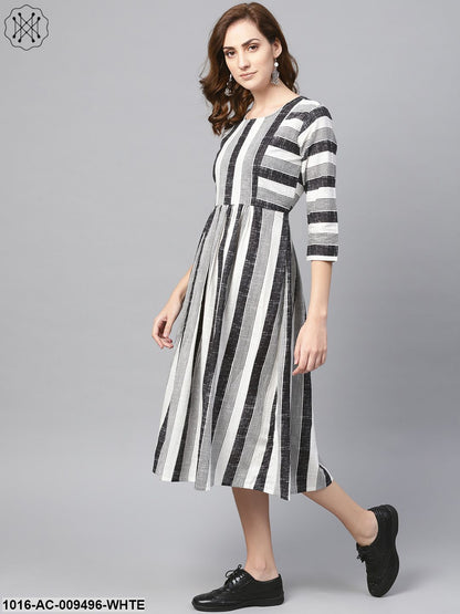 Black & Wihte Stripped Dress With Round Neck & 3/4 Sleeves