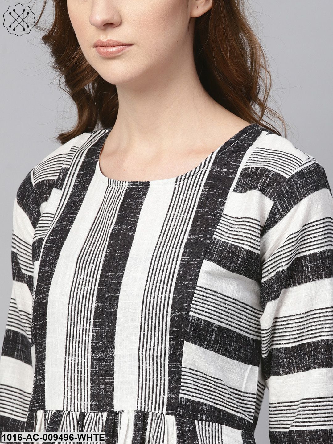 Black & Wihte Stripped Dress With Round Neck & 3/4 Sleeves