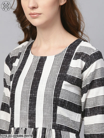 Black & Wihte Stripped Dress With Round Neck & 3/4 Sleeves