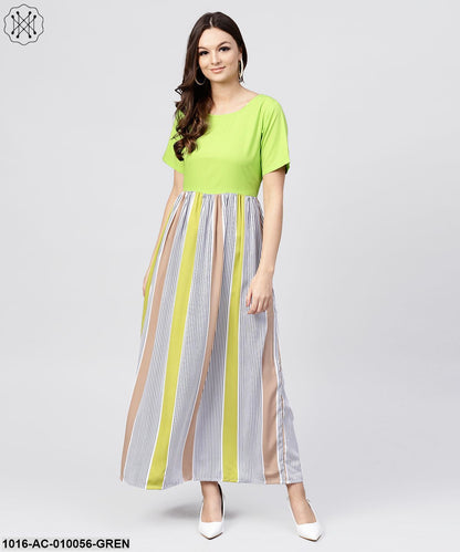 Green Colored Maxi Dress With Round Neck And Half Sleeves
