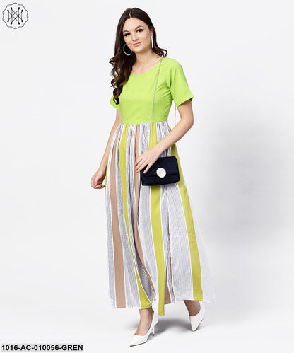 Green Colored Maxi Dress With Round Neck And Half Sleeves