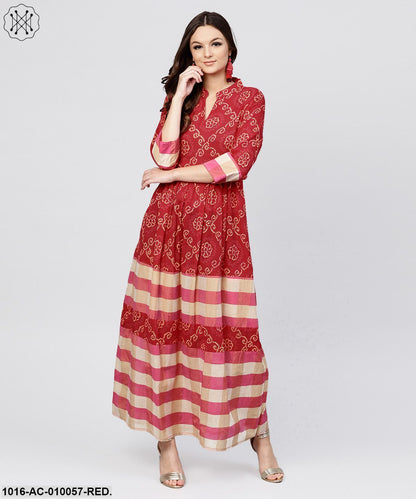 Red Printed Dress With Mandarin Collar And 3/4 Sleeves