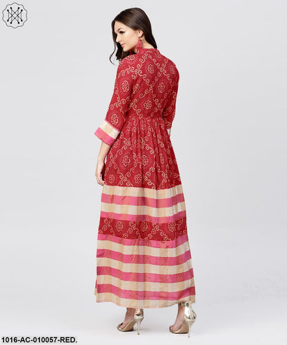 Red Printed Dress With Mandarin Collar And 3/4 Sleeves