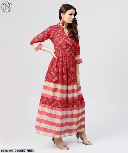 Red Printed Dress With Mandarin Collar And 3/4 Sleeves