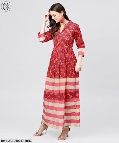 Red Printed Dress With Mandarin Collar And 3/4 Sleeves