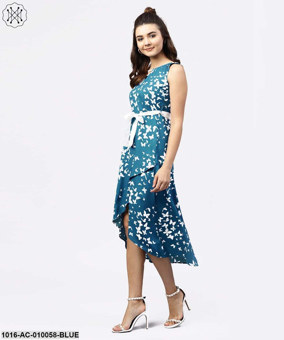 Blue Printed Sleevesless Asymmetric Dress With Gathered Round Neckline