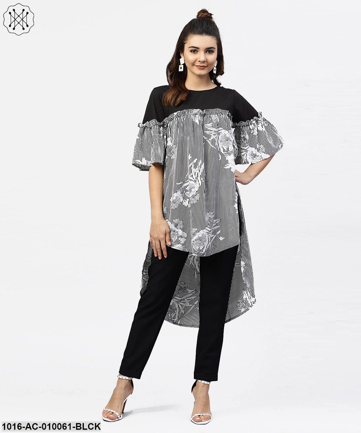 Black & White Striped Dress With Round Neck