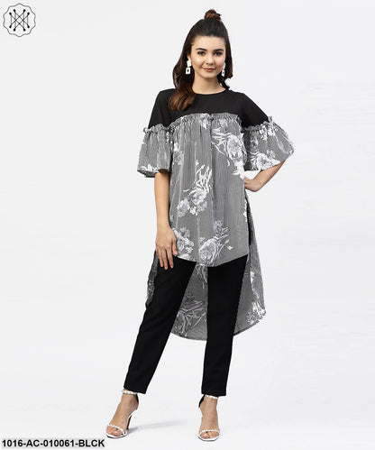 Black & White Striped Dress With Round Neck