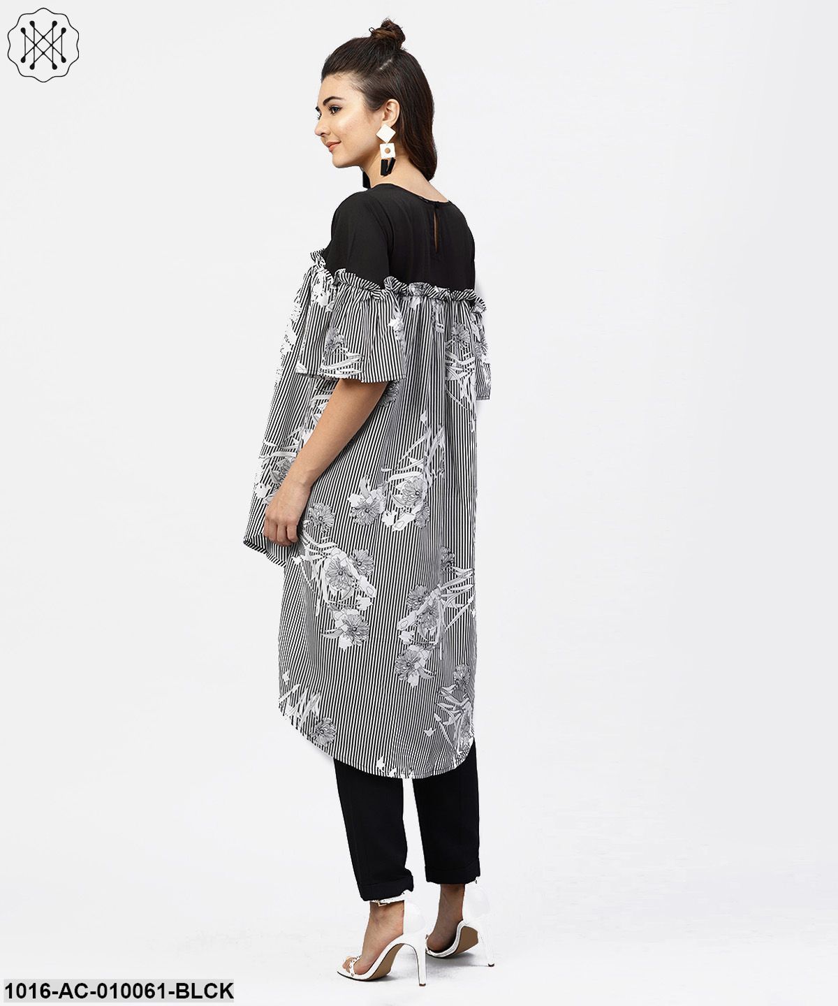 Black & White Striped Dress With Round Neck