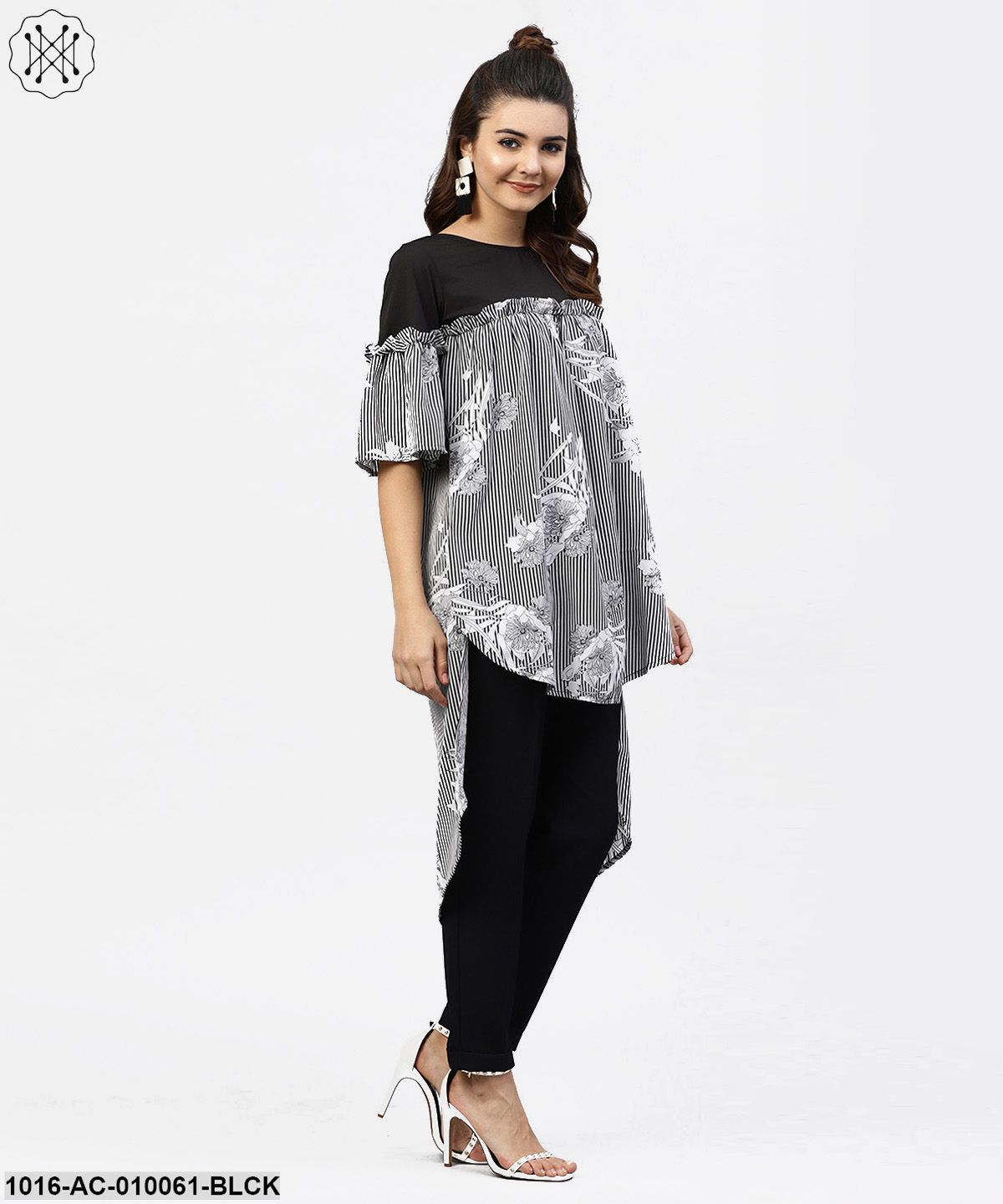 Black & White Striped Dress With Round Neck