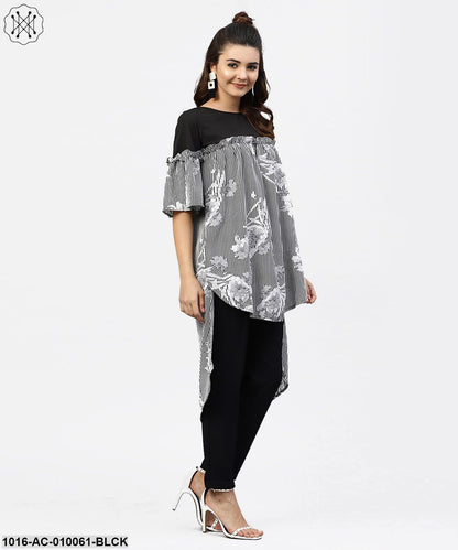 Black & White Striped Dress With Round Neck