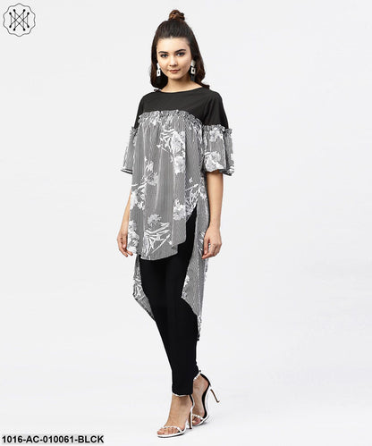 Black & White Striped Dress With Round Neck