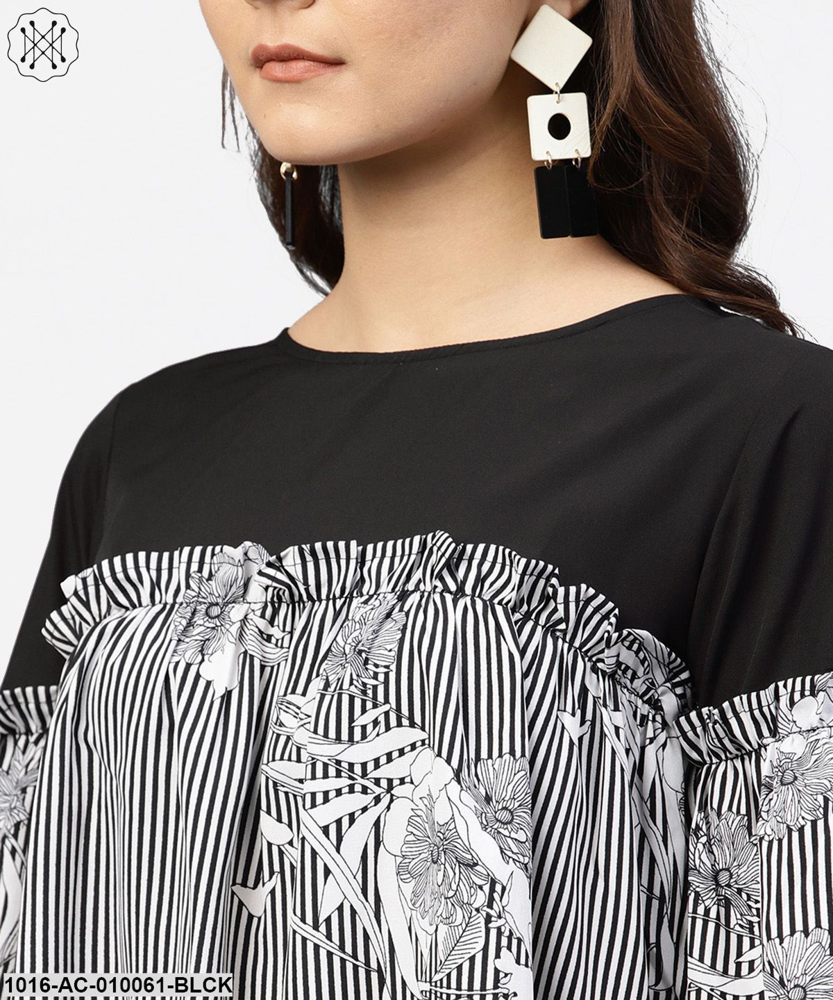 Black & White Striped Dress With Round Neck