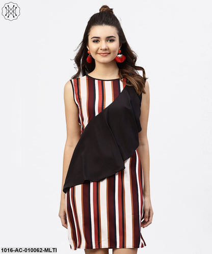Multi Striped Sleeveless Dress With Round Neck