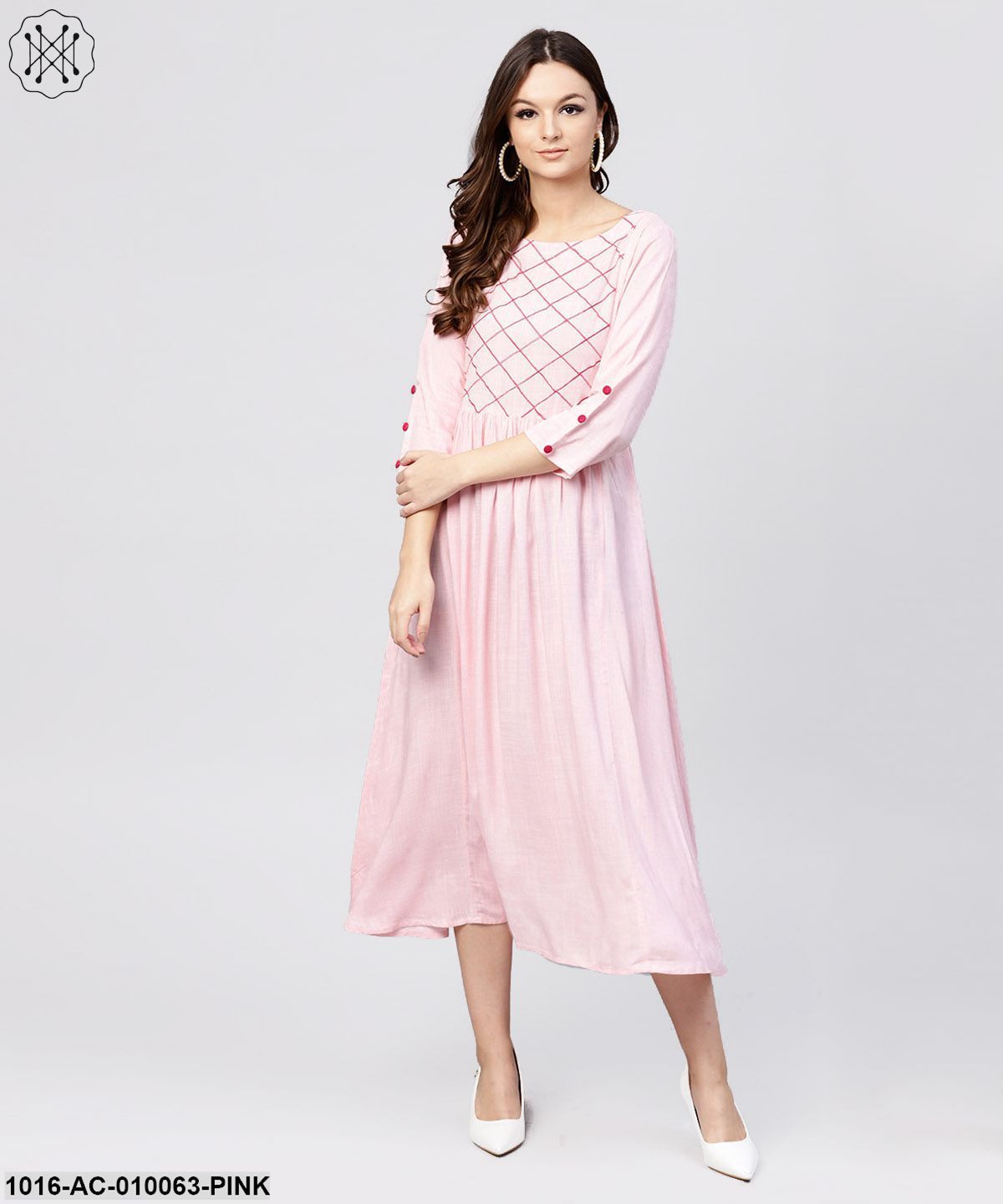 Rayon Pink Embroidered Full Sleeves Pleated Maxi Dress