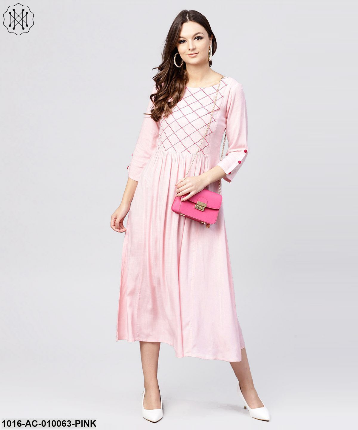 Rayon Pink Embroidered Full Sleeves Pleated Maxi Dress