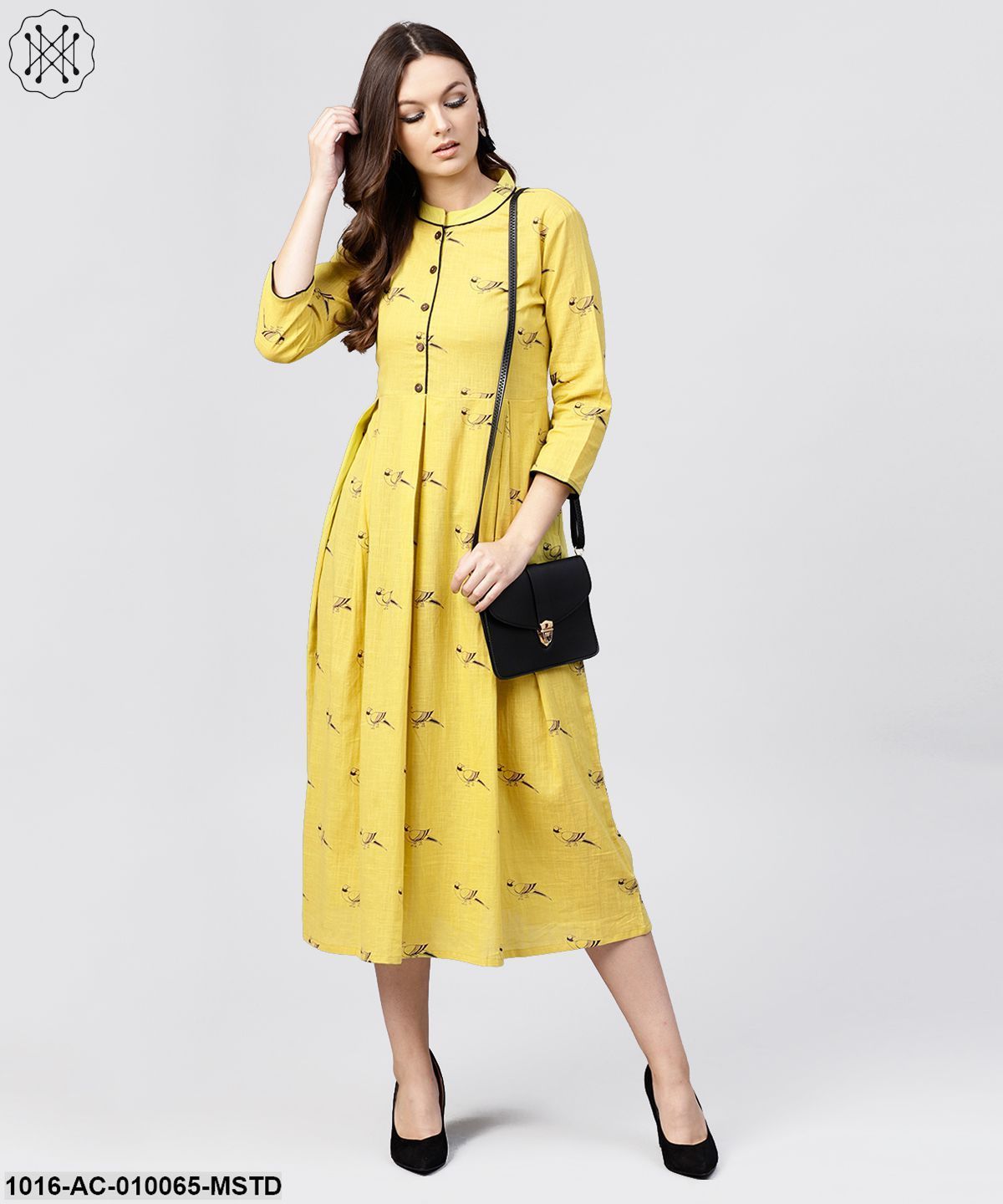 Mustard Full Sleeves Cotton Maxi Dress With Madarin Collar And Front Placket