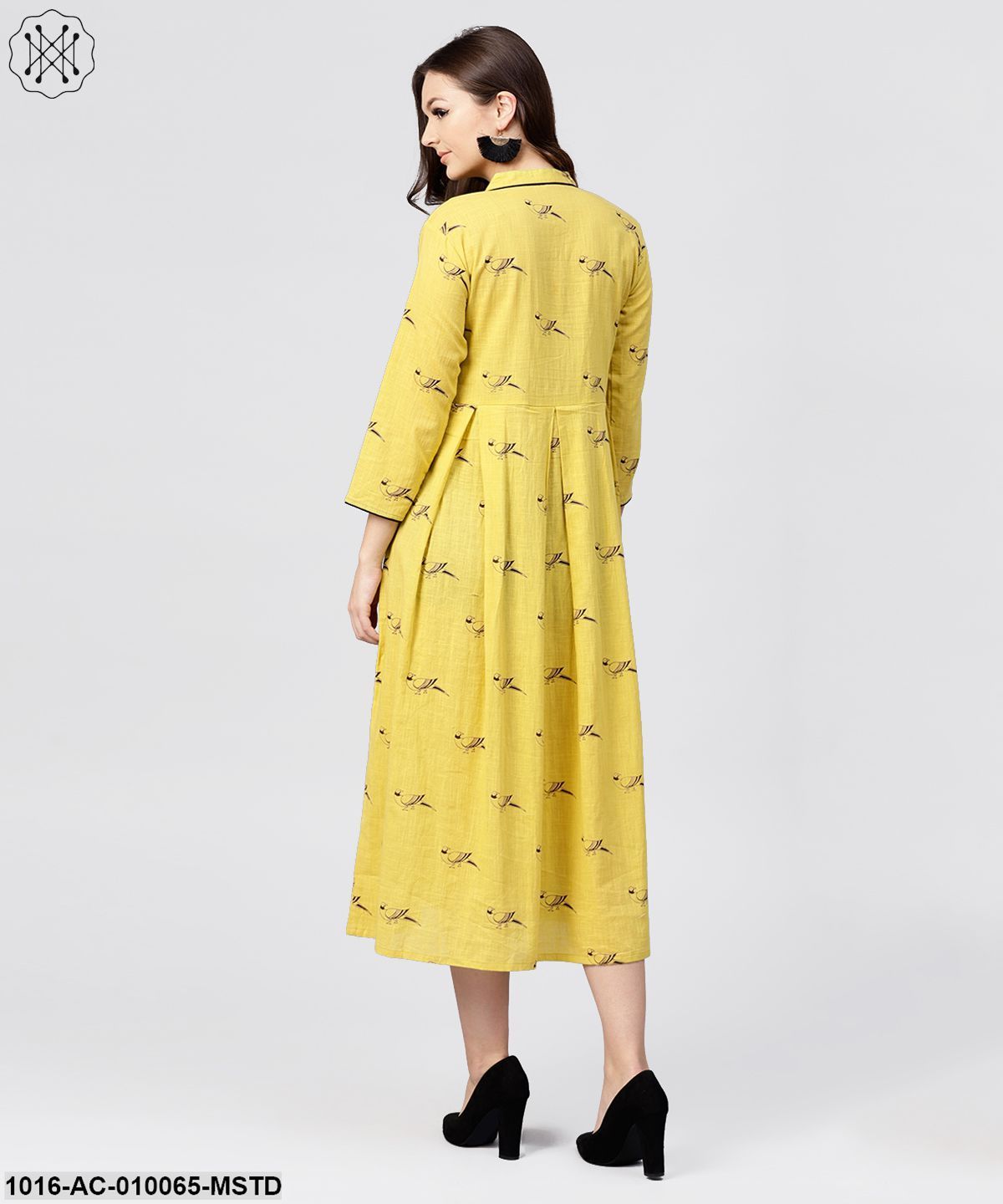 Mustard Full Sleeves Cotton Maxi Dress With Madarin Collar And Front Placket