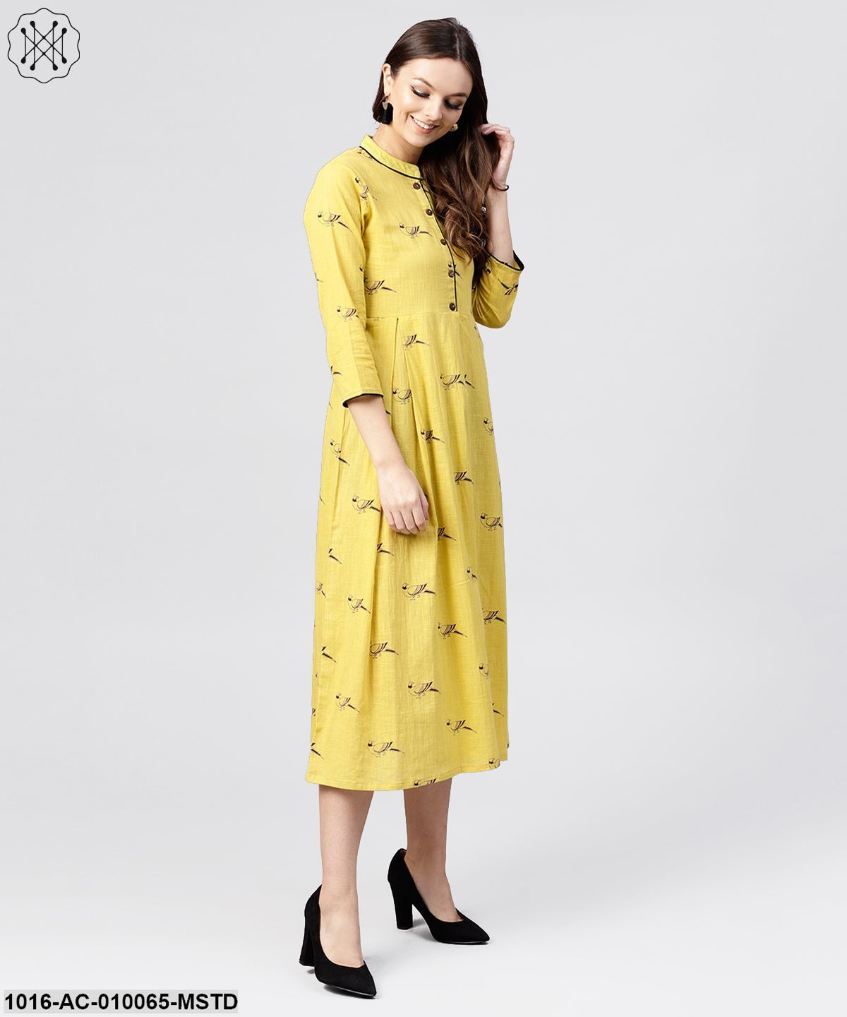 Mustard Full Sleeves Cotton Maxi Dress With Madarin Collar And Front Placket