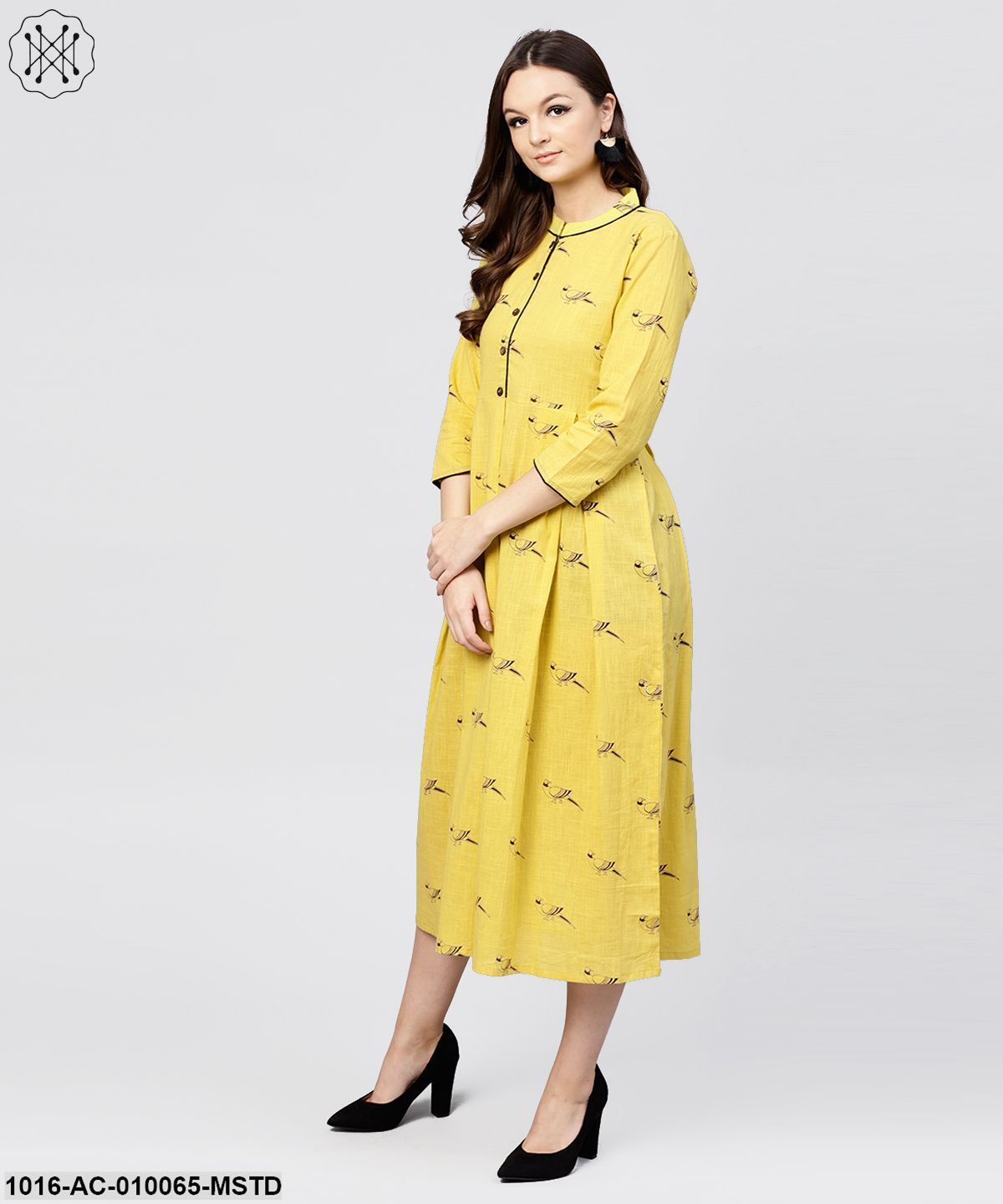 Mustard Full Sleeves Cotton Maxi Dress With Madarin Collar And Front Placket