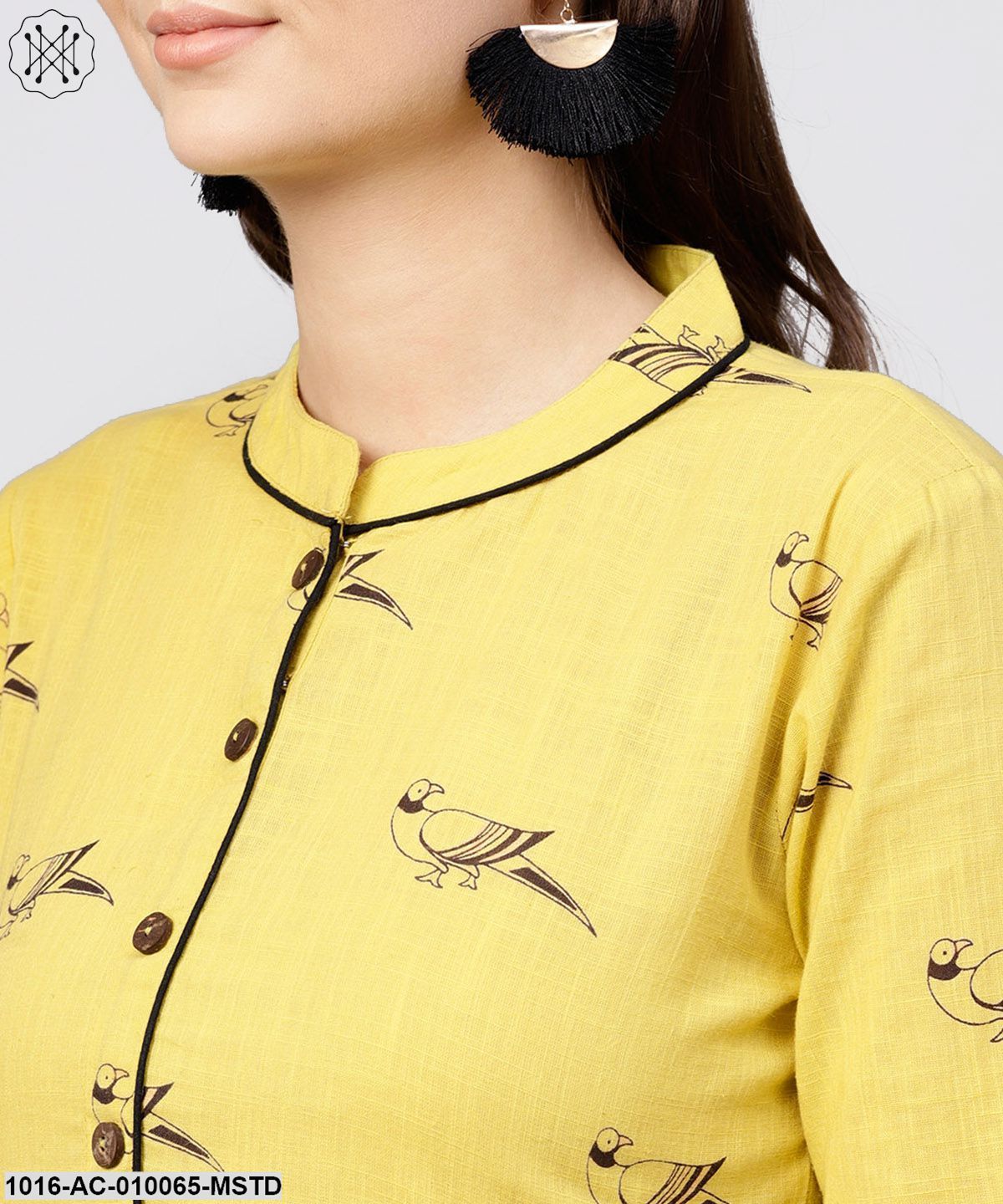 Mustard Full Sleeves Cotton Maxi Dress With Madarin Collar And Front Placket