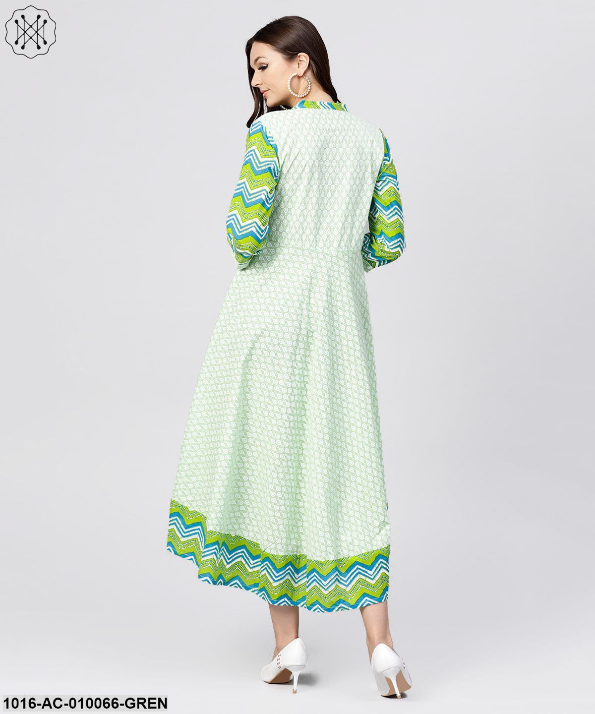 Green Printed Cotton Angrakha Style Dress WithMadarin Collar Emblished With Tassels