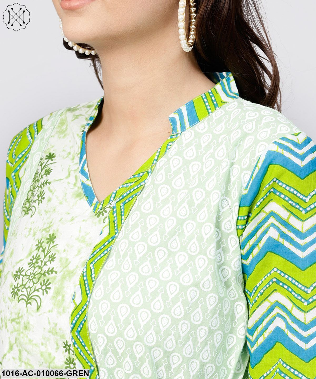 Green Printed Cotton Angrakha Style Dress WithMadarin Collar Emblished With Tassels