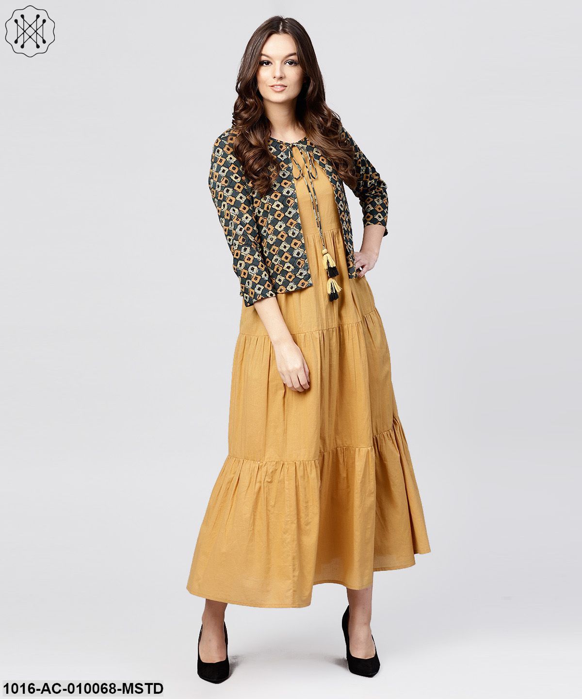 Mustard Cotton Tiered Maxi Dress With Full Sleeves Short Jacket Emblished With Tassel