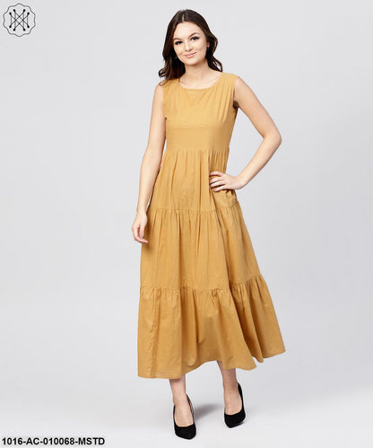 Mustard Cotton Tiered Maxi Dress With Full Sleeves Short Jacket Emblished With Tassel