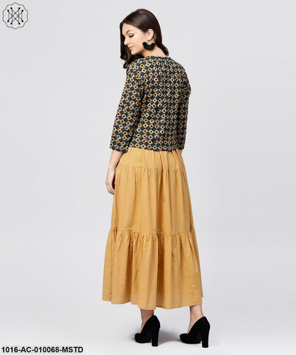 Mustard Cotton Tiered Maxi Dress With Full Sleeves Short Jacket Emblished With Tassel