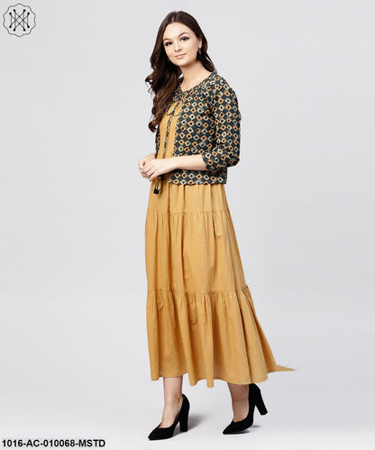 Mustard Cotton Tiered Maxi Dress With Full Sleeves Short Jacket Emblished With Tassel