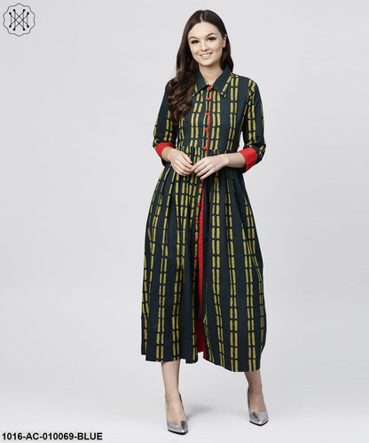 Blue Cotton Printed 3/4 Sleeves Kurta With Shirt Collar And Front Placket