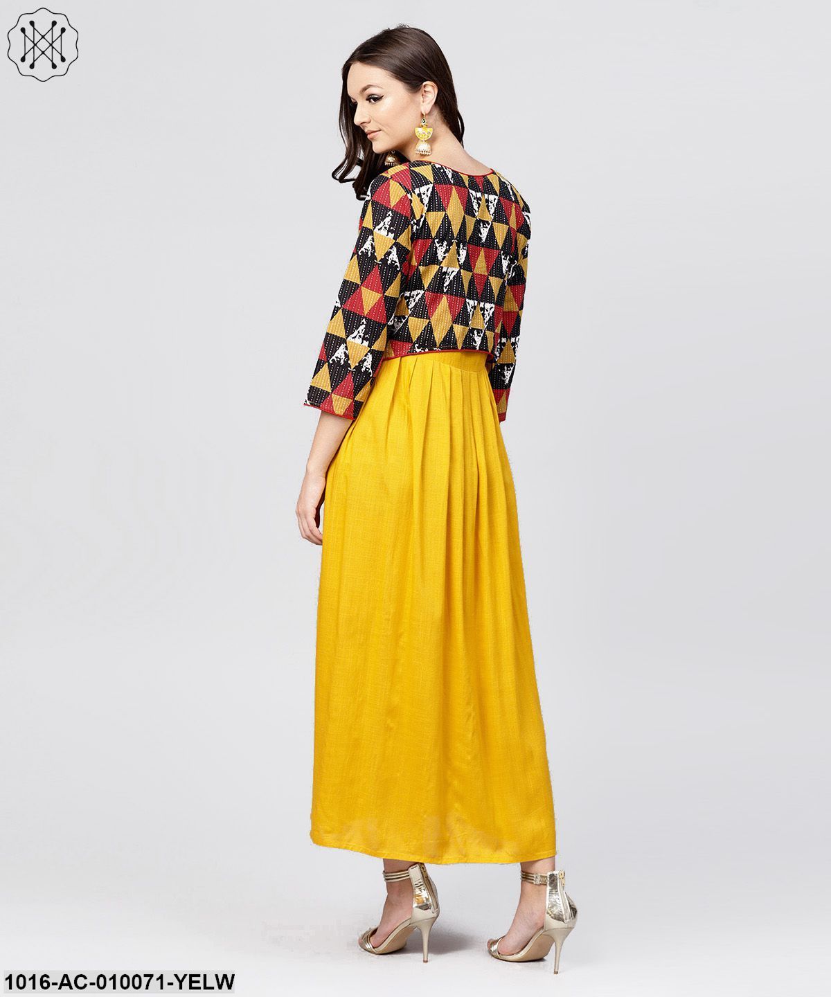 Bright Yellow Rayon A-Line Box Pleated Maxi With Attached Jacket Till Yoke And Emblished With Tassels
