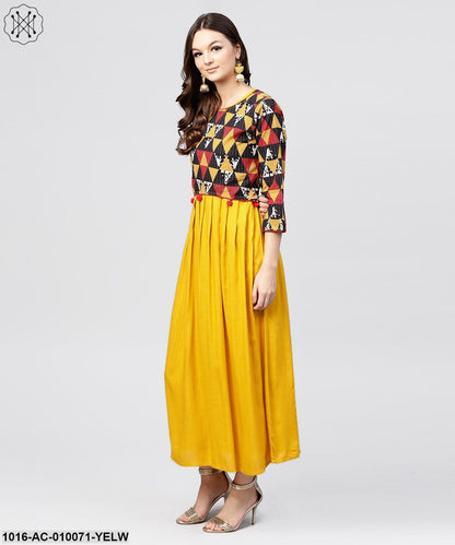 Bright Yellow Rayon A-Line Box Pleated Maxi With Attached Jacket Till Yoke And Emblished With Tassels