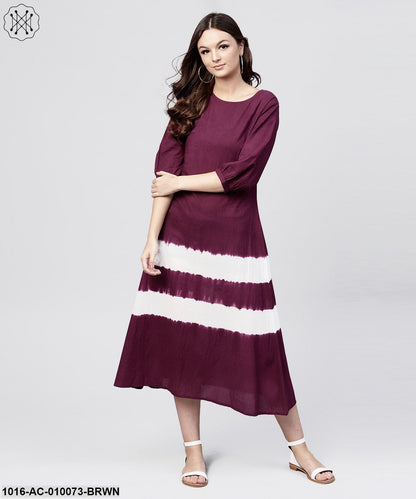 Burgundy Tie And Dye Maxi Dress With Round Neck And 3/4 Sleeves