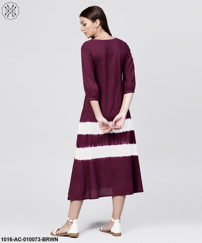 Burgundy Tie And Dye Maxi Dress With Round Neck And 3/4 Sleeves