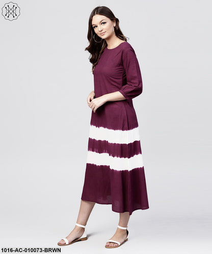 Burgundy Tie And Dye Maxi Dress With Round Neck And 3/4 Sleeves