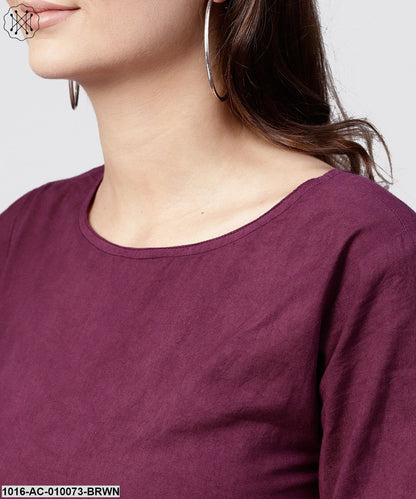 Burgundy Tie And Dye Maxi Dress With Round Neck And 3/4 Sleeves