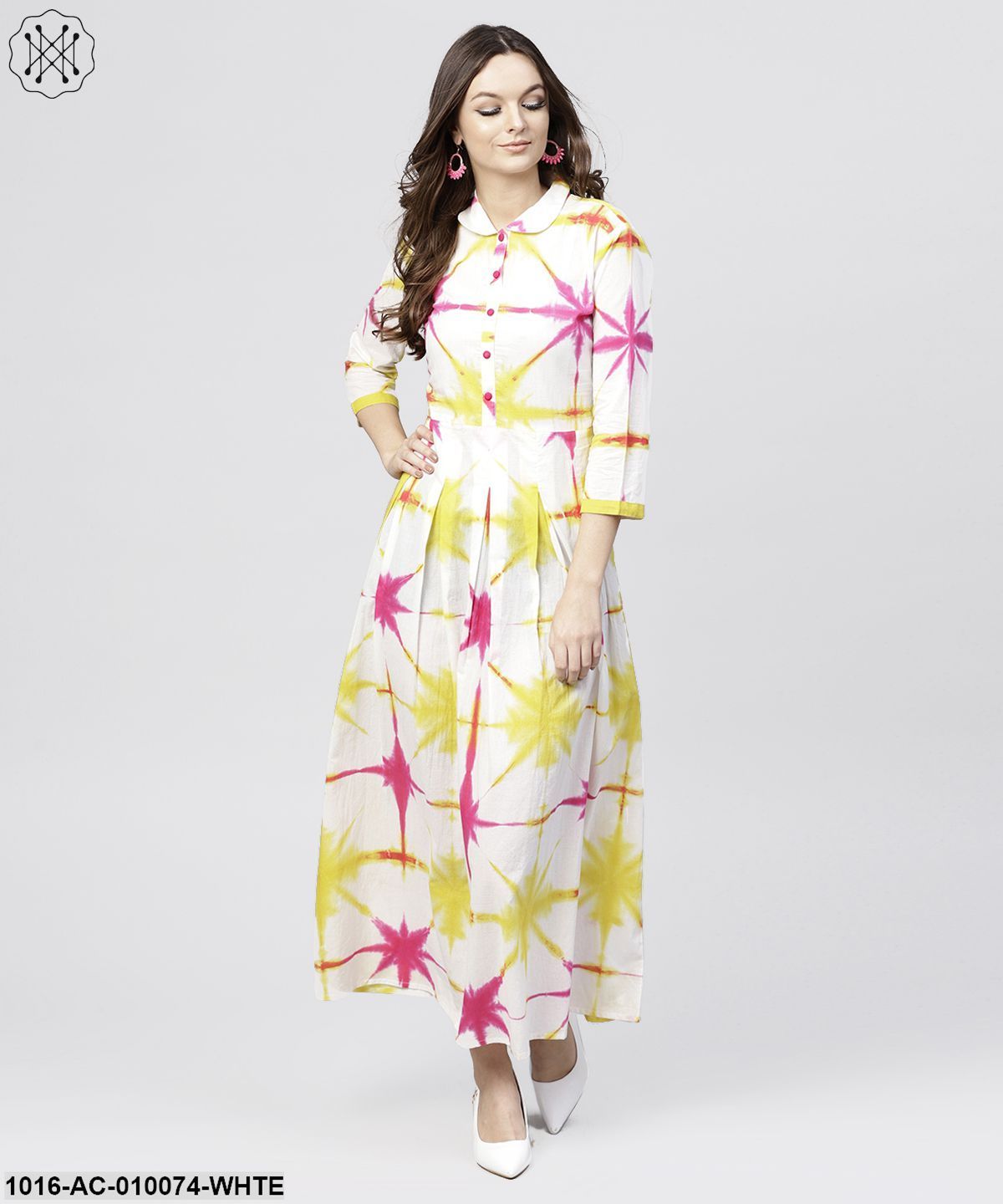 Multi Tie And Dyed Shirt Collar Maxi Dress With Box Pleats And 3/4 Sleeves