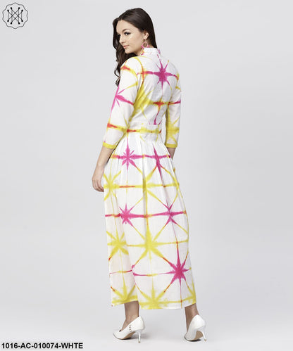 Multi Tie And Dyed Shirt Collar Maxi Dress With Box Pleats And 3/4 Sleeves
