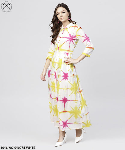 Multi Tie And Dyed Shirt Collar Maxi Dress With Box Pleats And 3/4 Sleeves