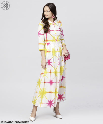 Multi Tie And Dyed Shirt Collar Maxi Dress With Box Pleats And 3/4 Sleeves