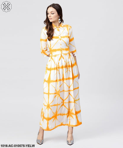 Multi Tie And Dyed Shirt Collar Maxi Dress With Box Pleats And 3/4 Sleeves