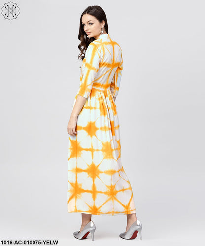 Multi Tie And Dyed Shirt Collar Maxi Dress With Box Pleats And 3/4 Sleeves