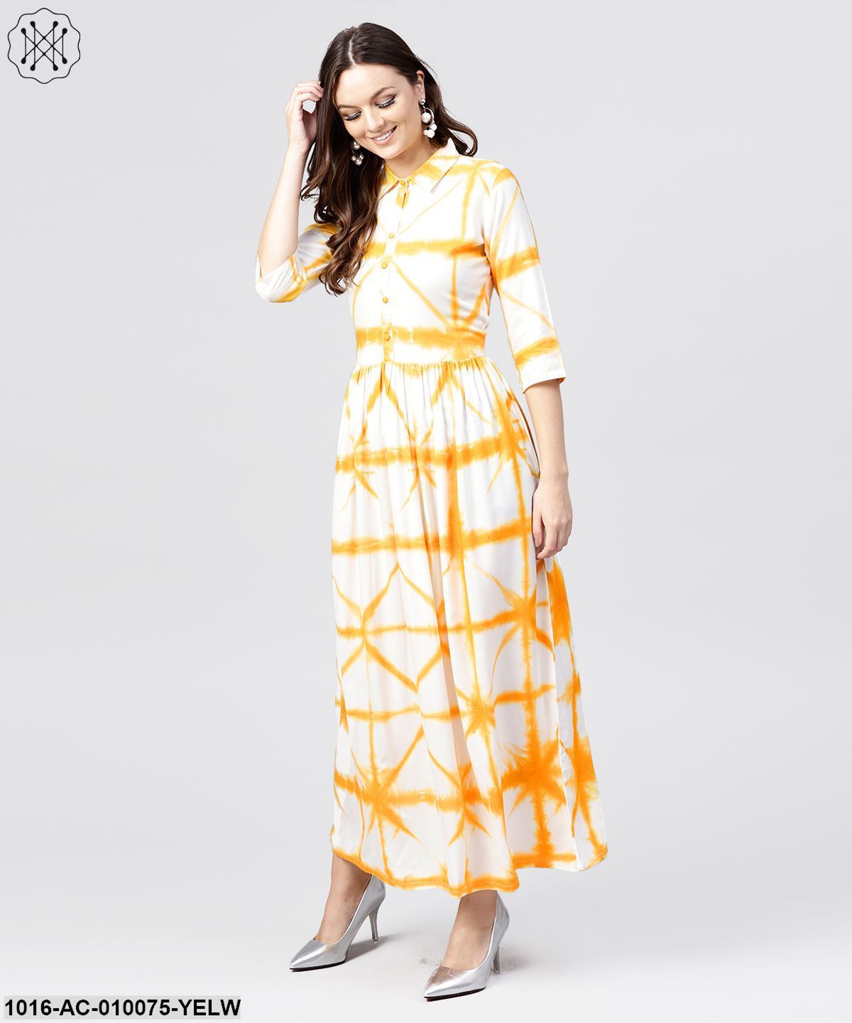 Multi Tie And Dyed Shirt Collar Maxi Dress With Box Pleats And 3/4 Sleeves