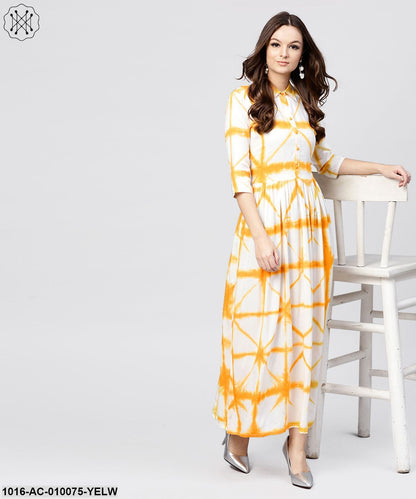 Multi Tie And Dyed Shirt Collar Maxi Dress With Box Pleats And 3/4 Sleeves
