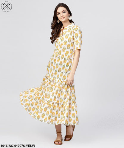 Madarin Collar Tiered Printed Dress With Front Placket And Half Sleeves
