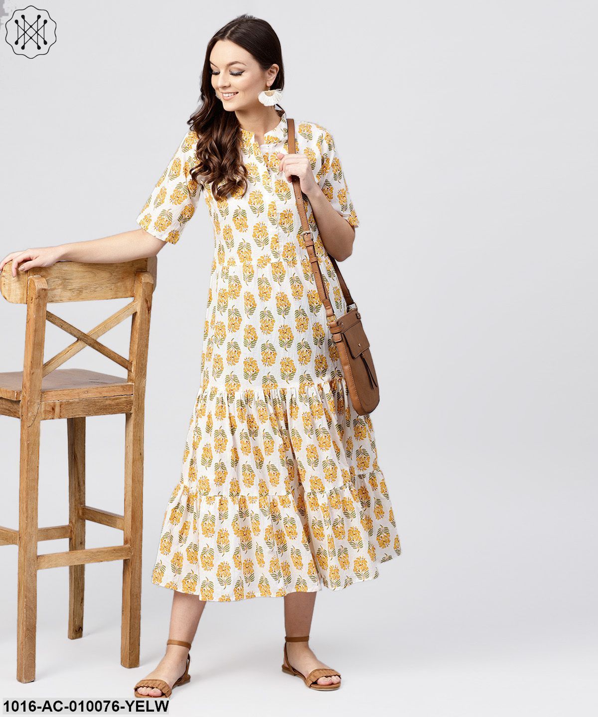 Madarin Collar Tiered Printed Dress With Front Placket And Half Sleeves