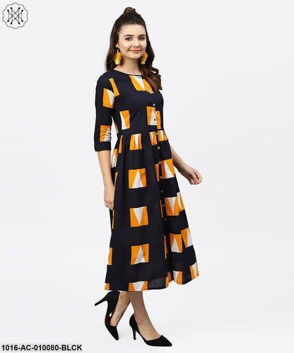 Black Round Neck Printed Dress With Front Placket And 3/4 Sleeves